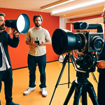 **

Prompt: "A bustling film set, chaotic but creative. Focus on the diverse crew, with a director giving instructions through a megaphone. Include various equipment like cameras, lights, and boom mics. Emphasize collaboration and problem-solving amidst the organized chaos. Use a warm color palette with a slightly grainy, documentary-style aesthetic. Wide-angle shot."

**
