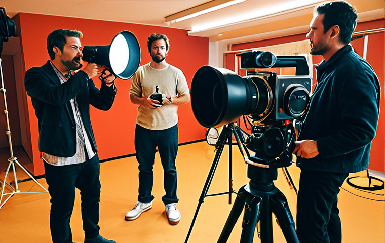 **
Prompt: "A bustling film set, chaotic but creative. Focus on the diverse crew, with a director giving instructions through a megaphone. Include various equipment like cameras, lights, and boom mics. Emphasize collaboration and problem-solving amidst the organized chaos. Use a warm color palette with a slightly grainy, documentary-style aesthetic. Wide-angle shot."
**