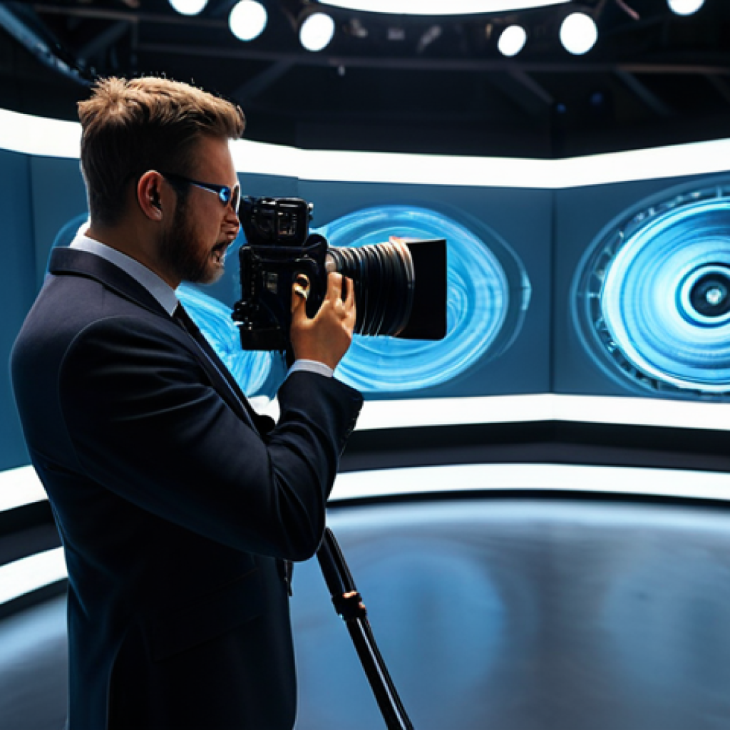 A professional film director, fully clothed in a modest business suit, stands on a cutting-edge virtual production set. Behind them, a massive LED volume displays a hyper-realistic digital environment, seamlessly integrated into the foreground. A cinematographer, in professional attire, adjusts a camera, capturing in-camera VFX. The scene is well-lit with studio lighting, showcasing the innovative technology. Perfect anatomy, correct proportions, natural pose, well-formed hands, proper finger count, safe for work, appropriate content, professional, high quality.