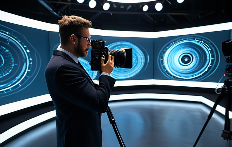 A professional film director, fully clothed in a modest business suit, stands on a cutting-edge virtual production set. Behind them, a massive LED volume displays a hyper-realistic digital environment, seamlessly integrated into the foreground. A cinematographer, in professional attire, adjusts a camera, capturing in-camera VFX. The scene is well-lit with studio lighting, showcasing the innovative technology. Perfect anatomy, correct proportions, natural pose, well-formed hands, proper finger count, safe for work, appropriate content, professional, high quality.