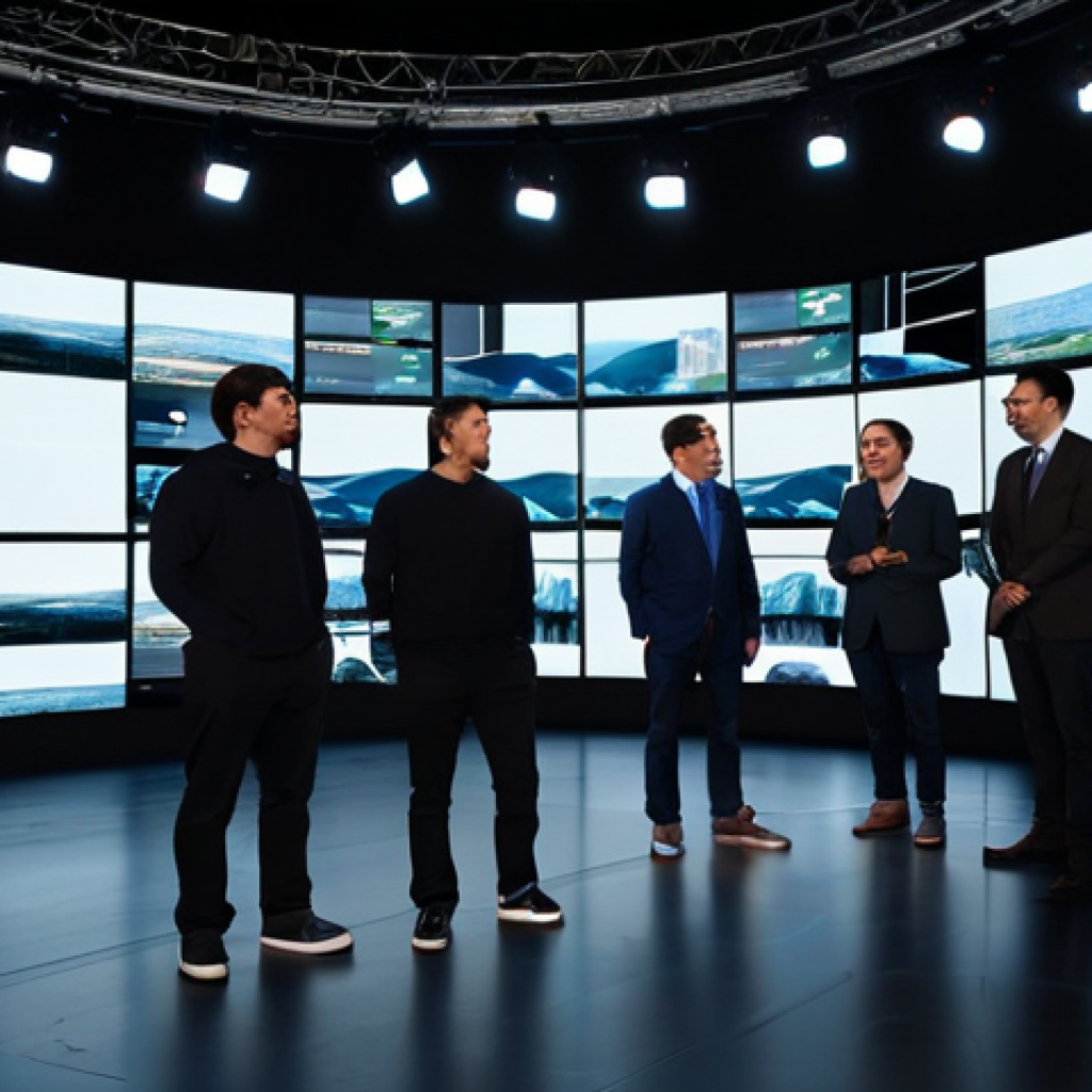A team of professional adult filmmakers, comprising diverse individuals, dressed in modern, modest, and professional attire, standing on an expansive LED virtual production stage. Dynamic, photorealistic digital environments are displayed on the large screens behind them. The scene captures them collaborating, pointing at the screens, immersed in their work on a high-tech set. Perfect anatomy, correct proportions, well-formed hands, proper finger count, natural body proportions, natural pose, professional photography, high quality, studio lighting, fully clothed, appropriate attire, modest clothing, safe for work, appropriate content, professional.