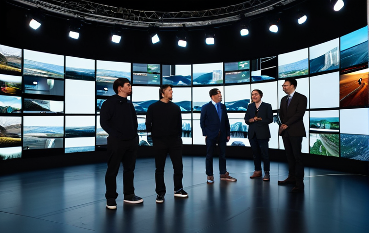 A team of professional adult filmmakers, comprising diverse individuals, dressed in modern, modest, and professional attire, standing on an expansive LED virtual production stage. Dynamic, photorealistic digital environments are displayed on the large screens behind them. The scene captures them collaborating, pointing at the screens, immersed in their work on a high-tech set. Perfect anatomy, correct proportions, well-formed hands, proper finger count, natural body proportions, natural pose, professional photography, high quality, studio lighting, fully clothed, appropriate attire, modest clothing, safe for work, appropriate content, professional.