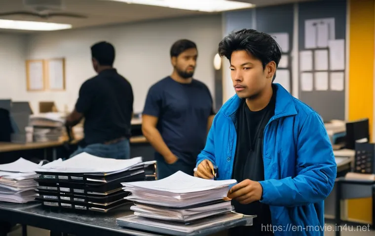 영화 제작사에서의 첫 직장 생활 - **"The Unseen Grind of a Production Assistant"**
A dynamic, wide-angle shot of a bustling film s...