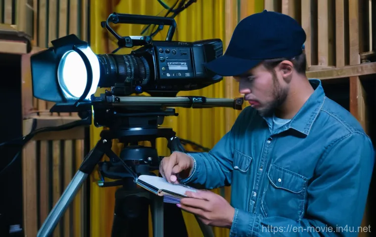 영화 제작사에서의 첫 직장 생활 - **"The Unseen Grind of a Production Assistant"**
    A dynamic, wide-angle shot of a bustling film s...