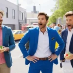 촬영 현장에서 일어난 유쾌한 에피소드 - **A vibrant and chaotic scene on a commercial set during a smoothie advertisement shoot.** A modern,...