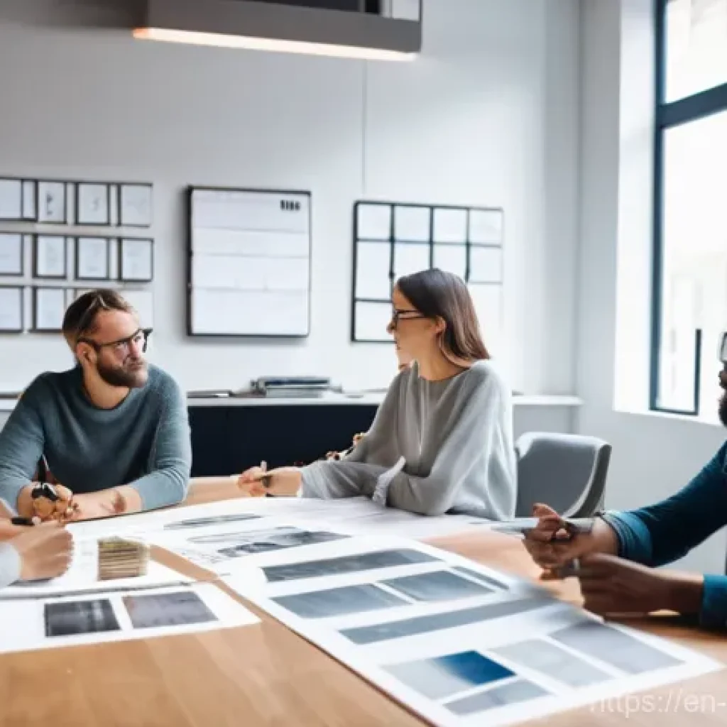 촬영 현장 문제 해결 사례 - **A dynamic pre-production meeting for a film project.** A diverse group of four filmmakers – a fema...