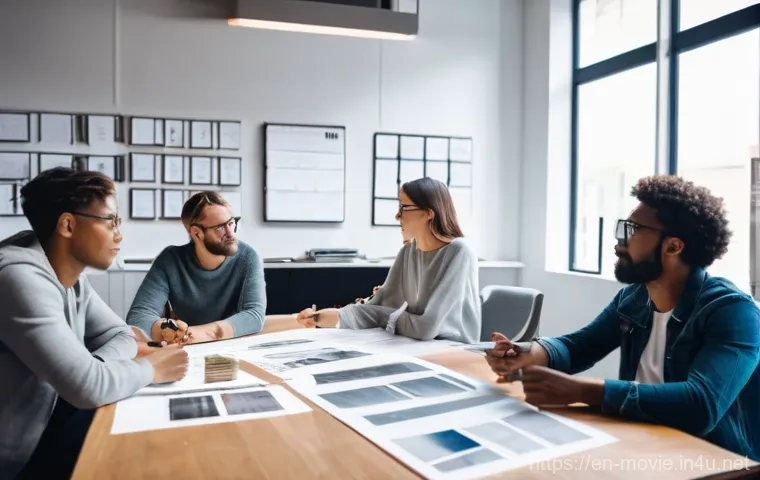 촬영 현장 문제 해결 사례 - **A dynamic pre-production meeting for a film project.** A diverse group of four filmmakers – a fema...