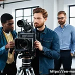 Home 19 영화 제작사 인사 담당자의 팁 - A dynamic film production set scene capturing a diverse crew working collaboratively under pressure:...