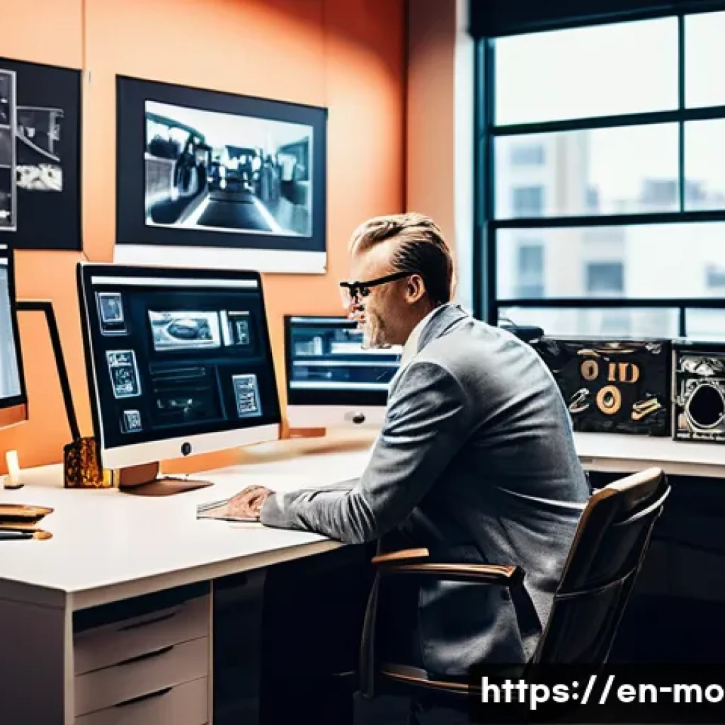 영화 제작사의 성공 스토리 - A dynamic film studio founder in a sleek modern office, surrounded by storyboards, vintage and futur...