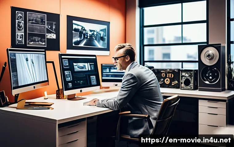 영화 제작사의 성공 스토리 - A dynamic film studio founder in a sleek modern office, surrounded by storyboards, vintage and futur...