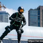 영화 촬영 중 발생한 사고 사례 - A dynamic movie stunt scene featuring a professional stunt performer wearing full safety gear includ...
