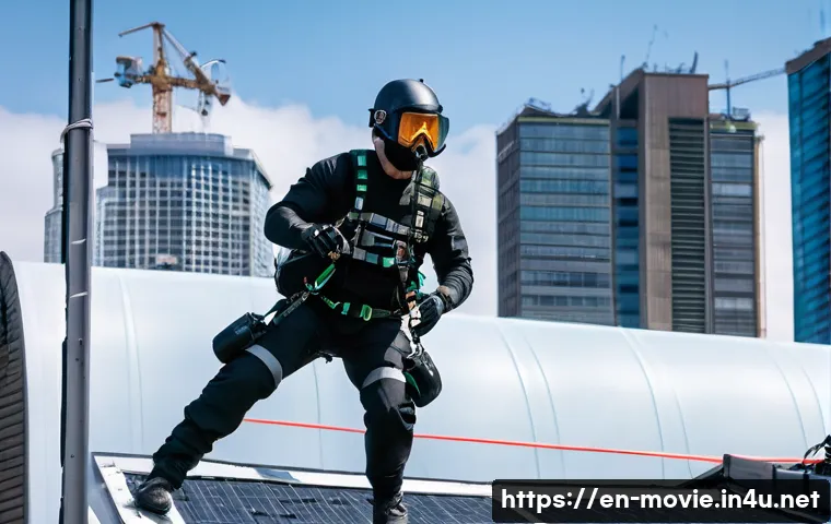 영화 촬영 중 발생한 사고 사례 - A dynamic movie stunt scene featuring a professional stunt performer wearing full safety gear includ...