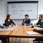 촬영 현장의 팀 빌딩 노하우 - A diverse film crew gathered around a table on set, engaged in an open brainstorming session; natura...