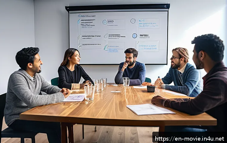 촬영 현장의 팀 빌딩 노하우 - A diverse film crew gathered around a table on set, engaged in an open brainstorming session; natura...