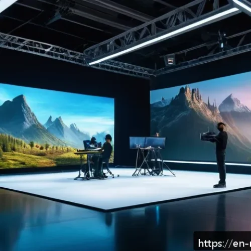 영화 제작사의 기술 트렌드 - A futuristic film production studio featuring a massive LED volume stage displaying a dynamic, photo...
