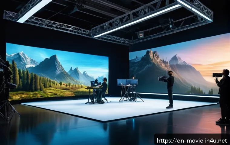 영화 제작사의 기술 트렌드 - A futuristic film production studio featuring a massive LED volume stage displaying a dynamic, photo...