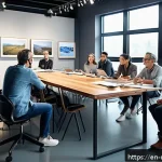 영화 제작사에서 중요한 소프트 스킬 - A diverse film production team gathered around a large table in a bright, modern studio, engaged in ...