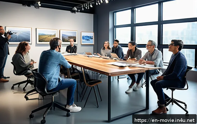 영화 제작사에서 중요한 소프트 스킬 - A diverse film production team gathered around a large table in a bright, modern studio, engaged in ...