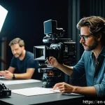 영화 제작 실습 체험 후기 - A dynamic film director on a bustling movie set, thoughtfully reviewing a storyboard tablet while su...