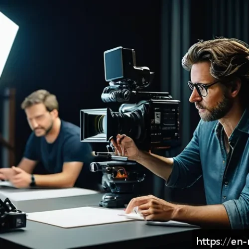 영화 제작 실습 체험 후기 - A dynamic film director on a bustling movie set, thoughtfully reviewing a storyboard tablet while su...
