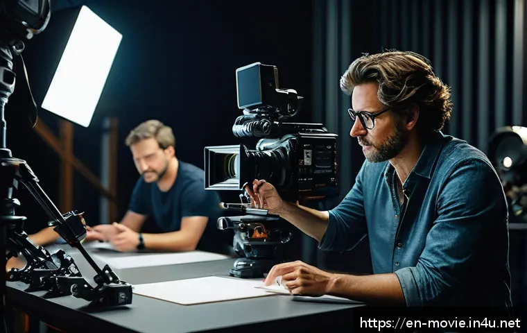 영화 제작 실습 체험 후기 - A dynamic film director on a bustling movie set, thoughtfully reviewing a storyboard tablet while su...