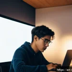 영화 제작사의 이직 성공 사례 - A young, diverse filmmaker sitting at a cozy, modern workspace filled with film scripts, a laptop, a...