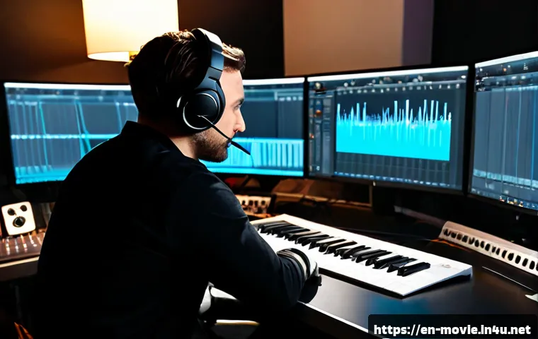 영화 사운드 디자인 실무 팁 - Photorealistic cinematic sound design workspace, focused audio engineer wearing closed-back headphon...